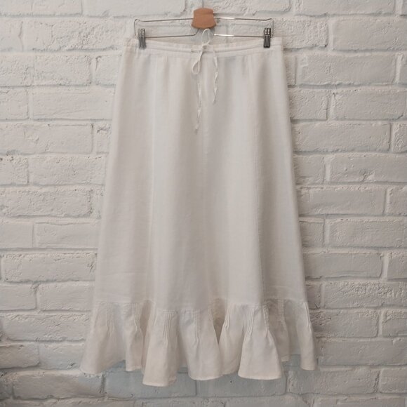 Liz Claiborne 100% Linen Skirt 10 True White Midi Large Pintucked Ruffle Bohemia - Picture 1 of 12